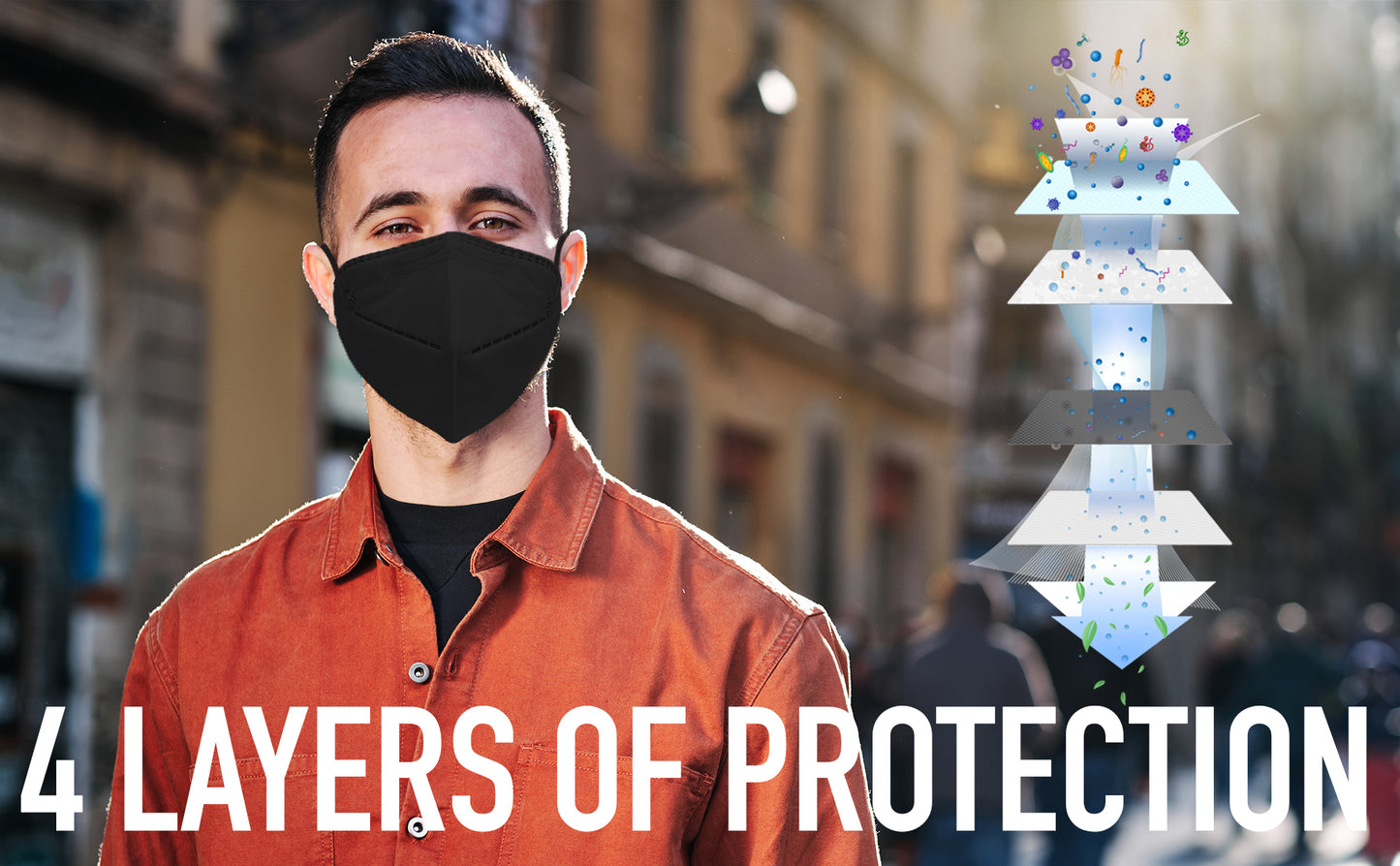 Middle-aged man wearing black kn95 mask showing it has 4 layers of protection - mask made in canada by dent-x canada