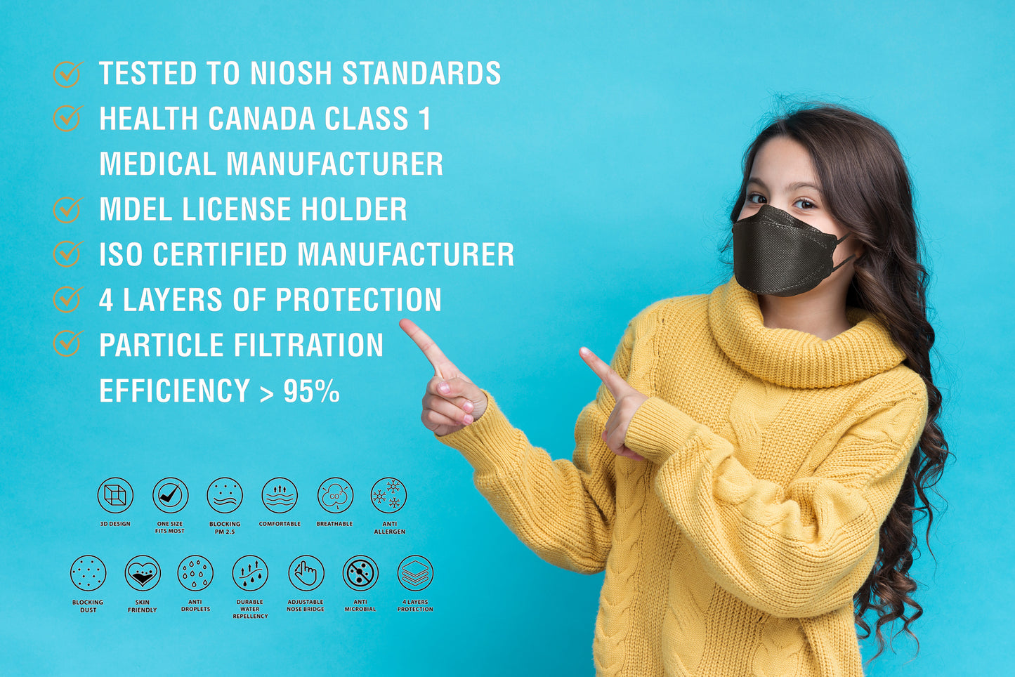 Black N95 Masks - Size Medium (Dent-X Canada FN-N95-510 Model - Box of 10 Disposable Masks)