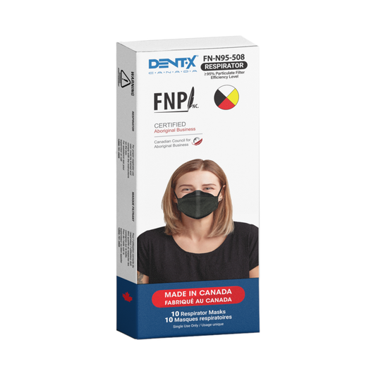 Box of 10 Black N95 Masks Made in Canada manufactured by Dent-X Canada the Dent-x Canada FN-N95-508 model