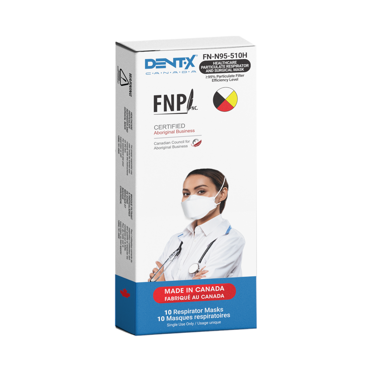 White N95 Mask with Headstraps - Size Medium (Dent-X Canada FN-N95-510H Model - Box of 10 Disposable Masks)