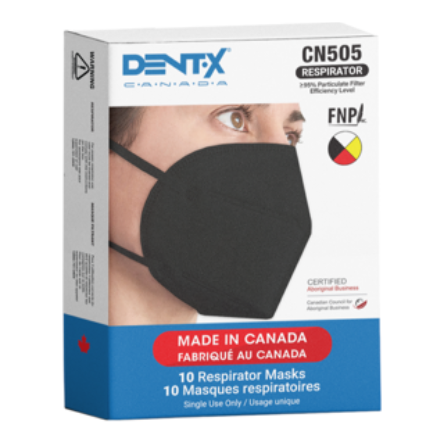 Black KN95 Mask Made by Dent-X Canada. Model CN505. Box of 10 Black Masks Made in Canada